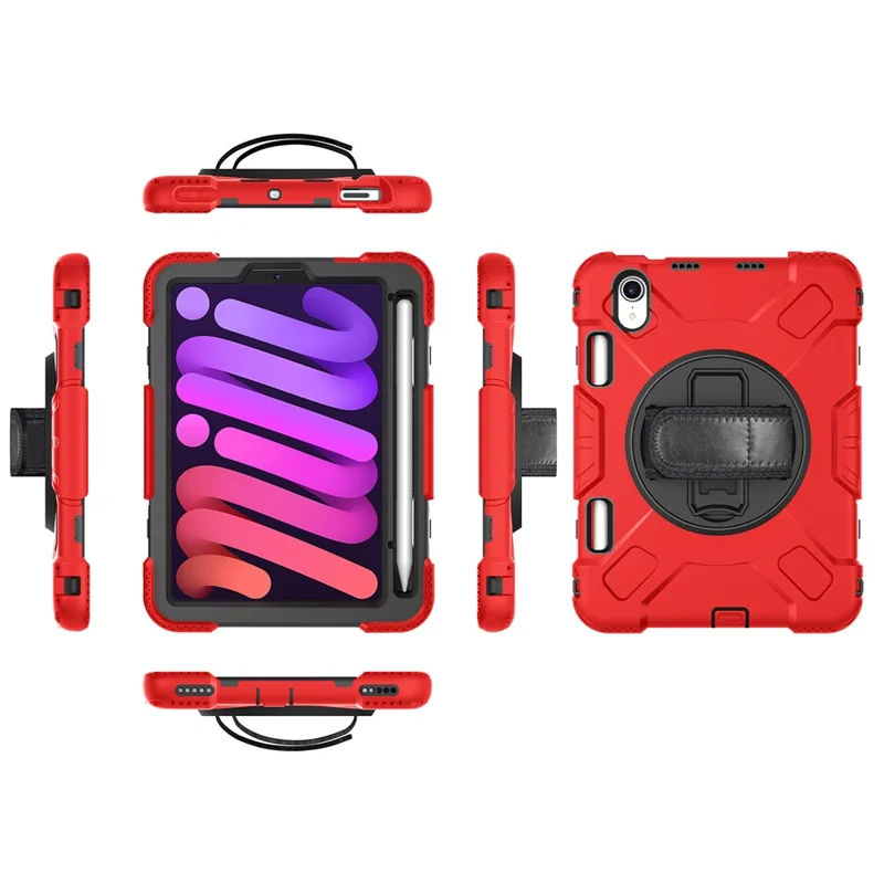 For iPad mini (2024) / mini (2021) PC+Silicone Tablet Case Protective Kickstand Cover with Pen Slot / Shoulder Strap - Red