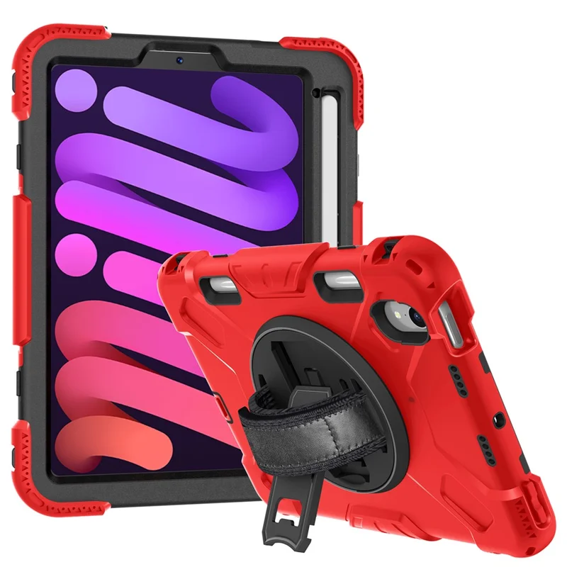 For iPad mini (2024) / mini (2021) PC+Silicone Tablet Case Protective Kickstand Cover with Pen Slot / Shoulder Strap - Red