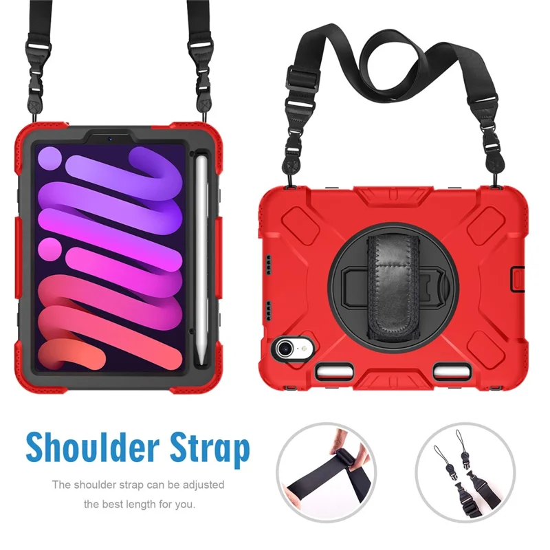 For iPad mini (2024) / mini (2021) PC+Silicone Tablet Case Protective Kickstand Cover with Pen Slot / Shoulder Strap - Red