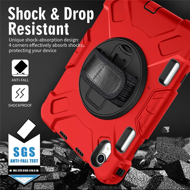 For iPad mini (2024) / mini (2021) PC+Silicone Tablet Case Protective Kickstand Cover with Pen Slot / Shoulder Strap - Red