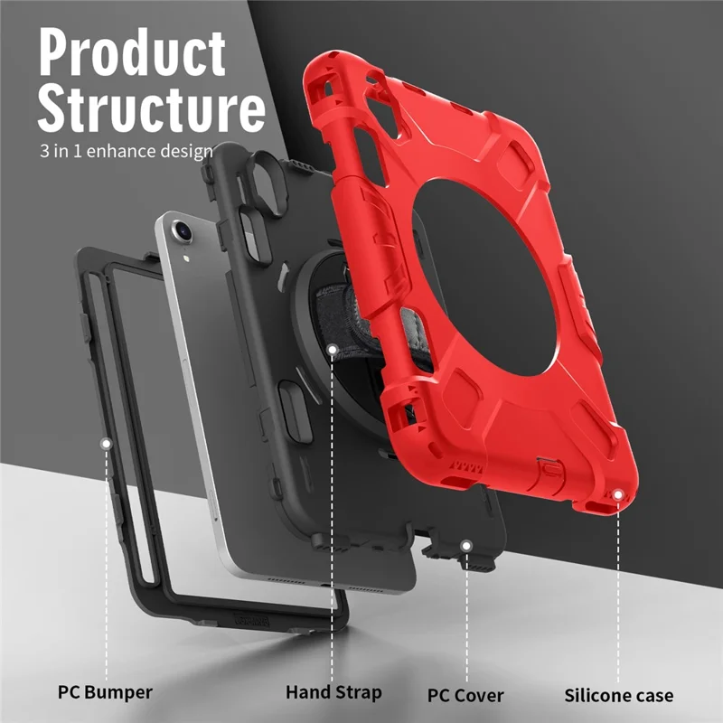 For iPad mini (2024) / mini (2021) PC+Silicone Tablet Case Protective Kickstand Cover with Pen Slot / Shoulder Strap - Red