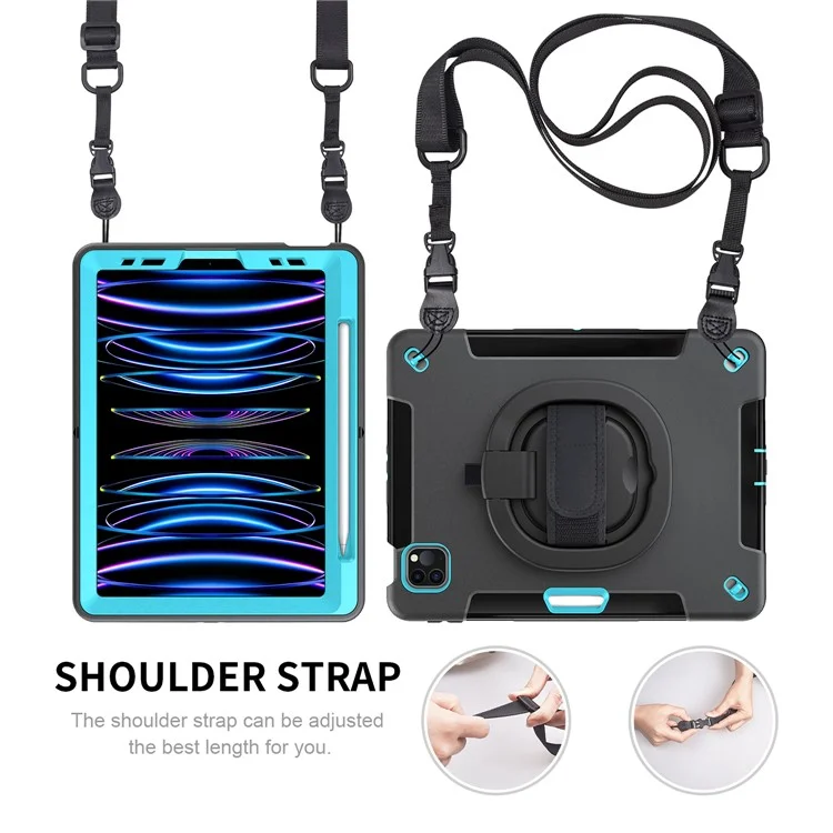 Kickstand Tablet Case für iPad Air (2020) / (2022) / iPad Pro 11 (2018) / (2020) / (2021) / (2022), PC+TPU-Abdeckung mit PET-Bildschirmschutz, Stifthalter, Schultergurt - Minzgrün