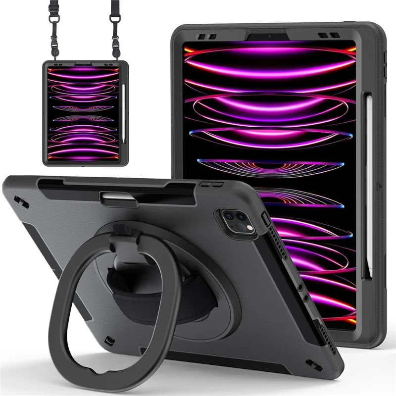 Tablet-Hülle für iPad Air 13 (2025) / (2024) / Pro 12,9 (2022) / (2021) / (2020) / (2018) mit Ständer und Stifteschlitz, Schultergurt – Schwarz