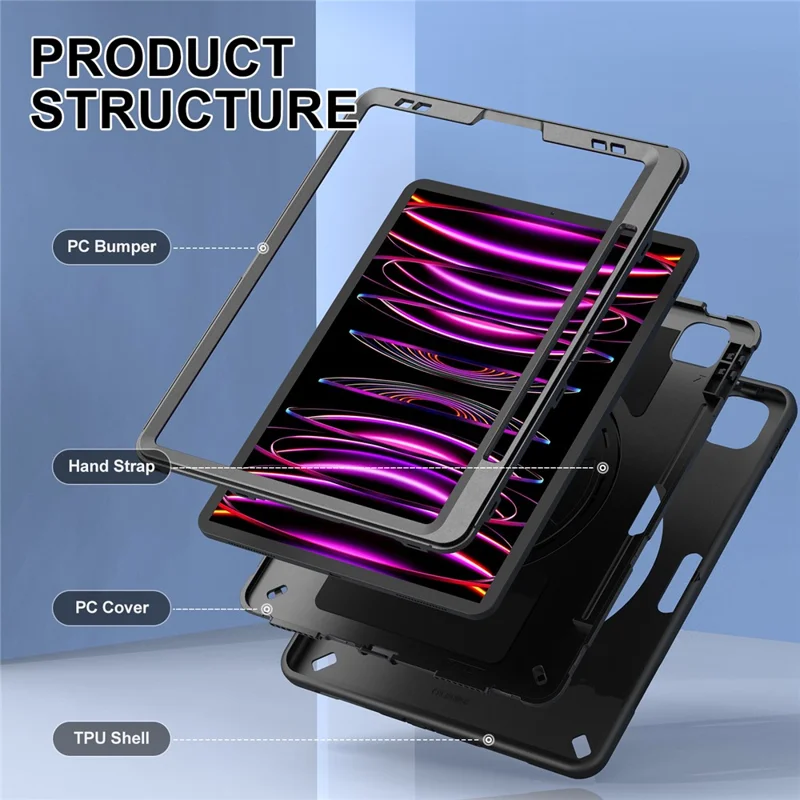 Tablet-Hülle für iPad Air 13 (2025) / (2024) / Pro 12,9 (2022) / (2021) / (2020) / (2018) mit Ständer und Stifteschlitz, Schultergurt – Schwarz