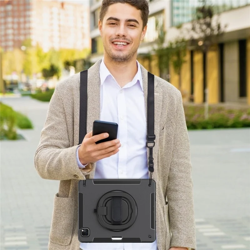 Tablet-Hülle für iPad Air 13 (2025) / (2024) / Pro 12,9 (2022) / (2021) / (2020) / (2018) mit Ständer und Stifteschlitz, Schultergurt – Schwarz