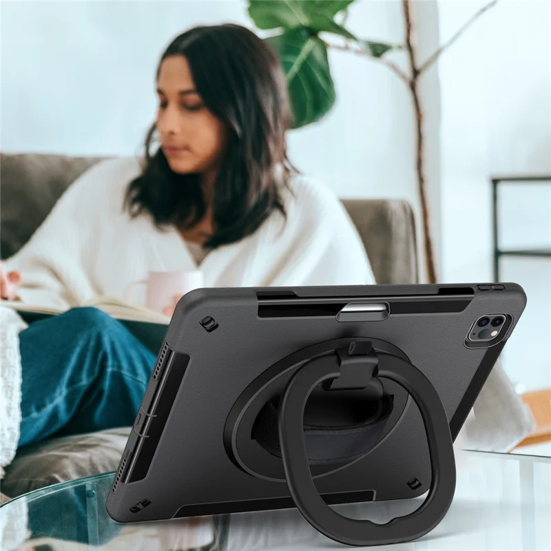 Tablet-Hülle für iPad Air 13 (2025) / (2024) / Pro 12,9 (2022) / (2021) / (2020) / (2018) mit Ständer und Stifteschlitz, Schultergurt – Schwarz