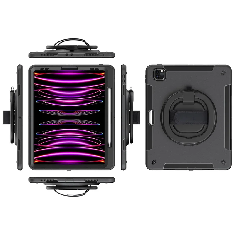 Tablet-Hülle für iPad Air 13 (2025) / (2024) / Pro 12,9 (2022) / (2021) / (2020) / (2018) mit Ständer und Stifteschlitz, Schultergurt – Schwarz