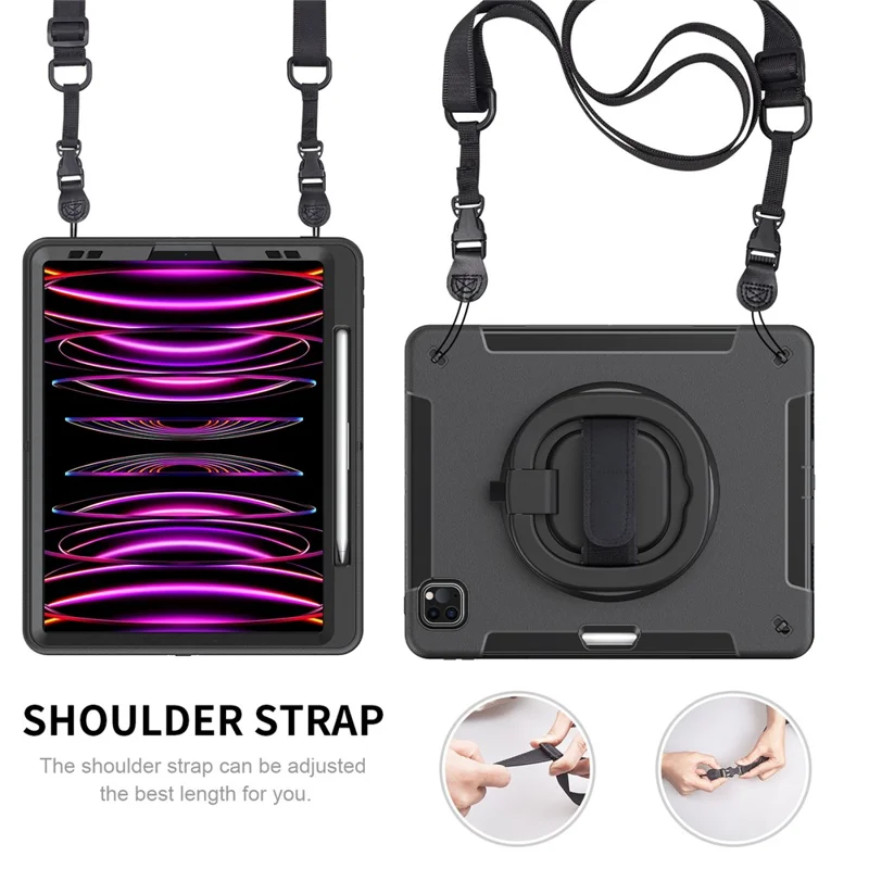 Tablet-Hülle für iPad Air 13 (2025) / (2024) / Pro 12,9 (2022) / (2021) / (2020) / (2018) mit Ständer und Stifteschlitz, Schultergurt – Schwarz