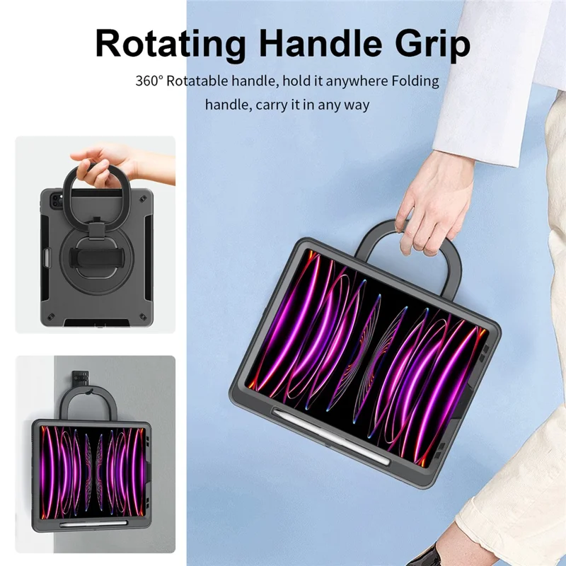 Tablet-Hülle für iPad Air 13 (2025) / (2024) / Pro 12,9 (2022) / (2021) / (2020) / (2018) mit Ständer und Stifteschlitz, Schultergurt – Schwarz