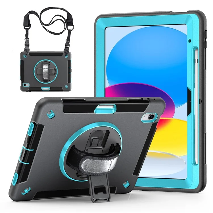 Anti-Drop Kickstand Case für iPad 10.9 (2022) Stiftfach TPU+PC Tablet-Cover mit Schultergurt - Mintgrün PC