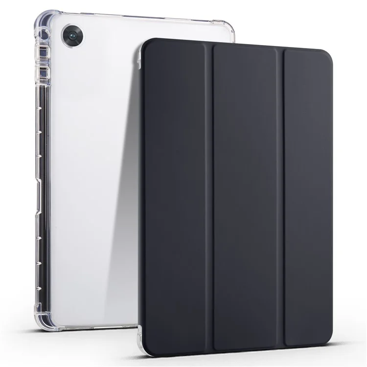 For Oppo Pad Air PU Leather Trifold Stand Cover Transparent Back Tablet Case with Pencil Holder - Black