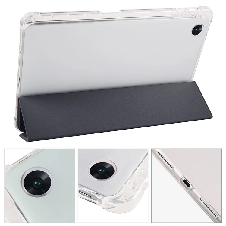 For Oppo Pad Air PU Leather Trifold Stand Cover Transparent Back Tablet Case with Pencil Holder - Black