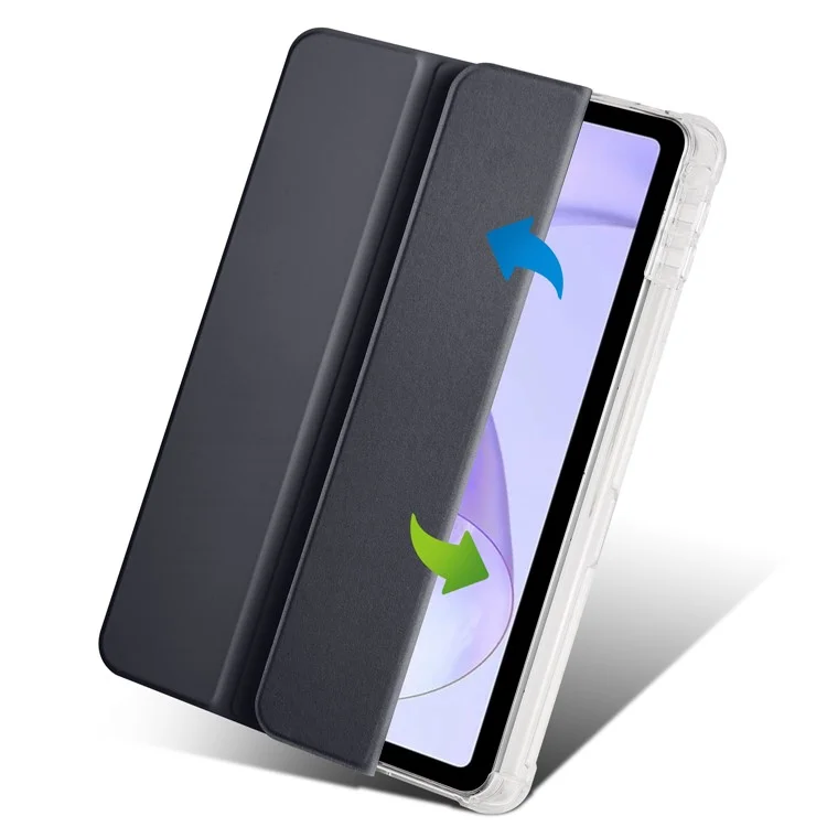 For Oppo Pad Air PU Leather Trifold Stand Cover Transparent Back Tablet Case with Pencil Holder - Black