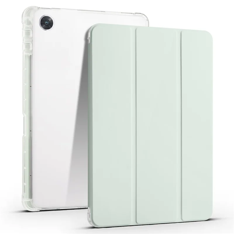 For Oppo Pad Air PU Leather Trifold Stand Cover Transparent Back Tablet Case with Pencil Holder - Light Green