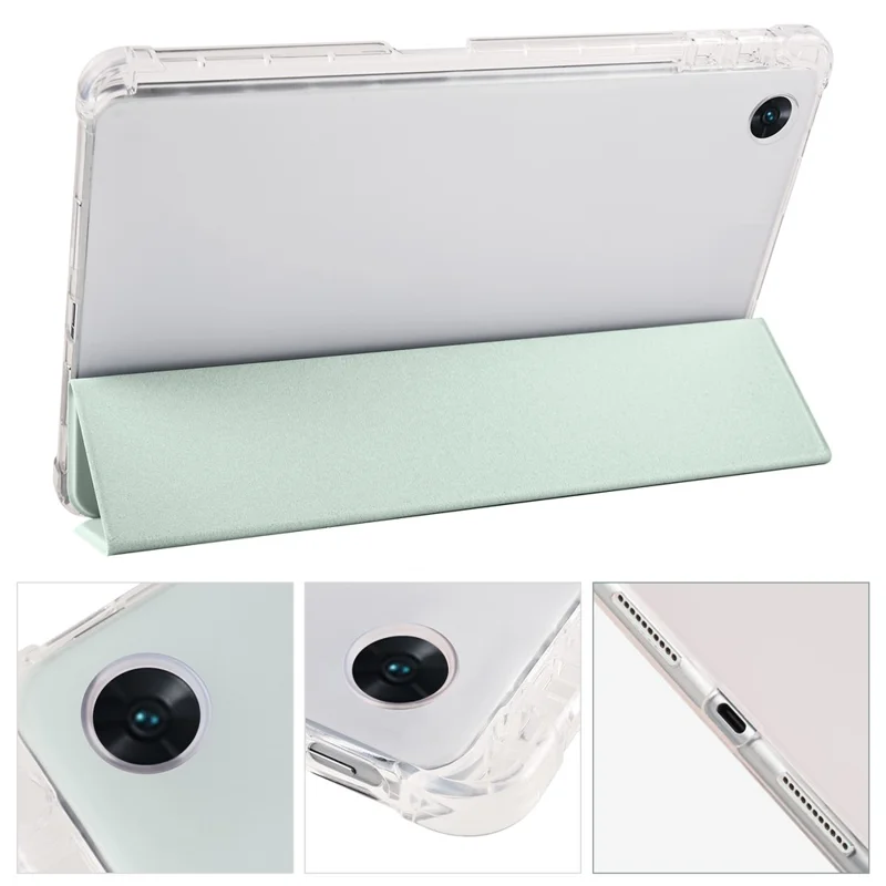 For Oppo Pad Air PU Leather Trifold Stand Cover Transparent Back Tablet Case with Pencil Holder - Light Green