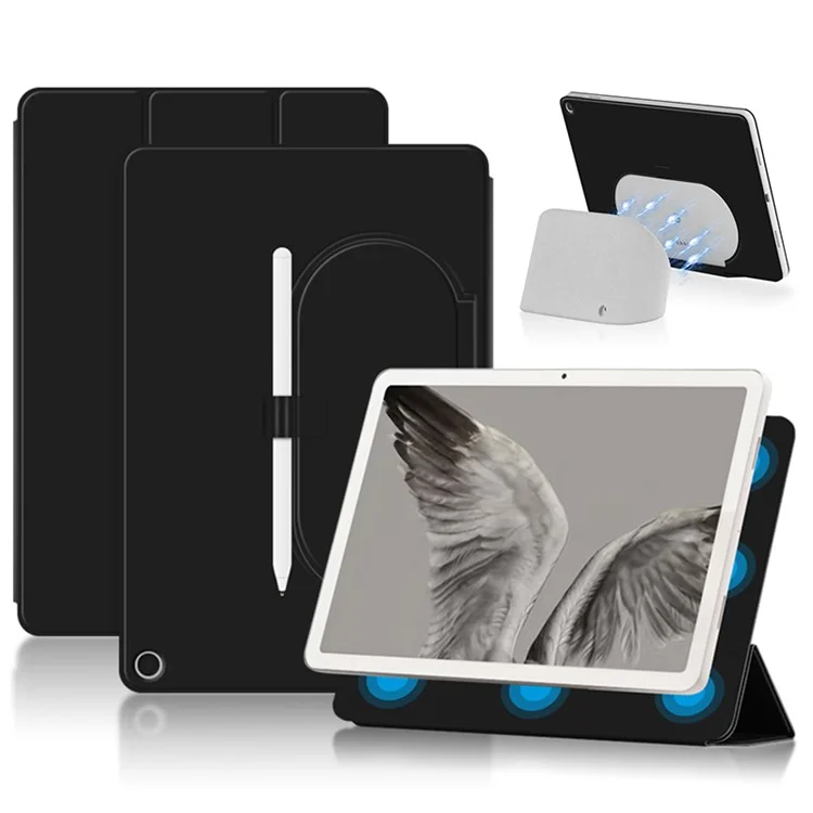 Für Google Pixel Tablet Trifold Stand magnetisches Leder-Tablet-Cover Stifthalter Hülle mit Loch für Ladegerät Lautsprecher Dockingstation - Schwarz