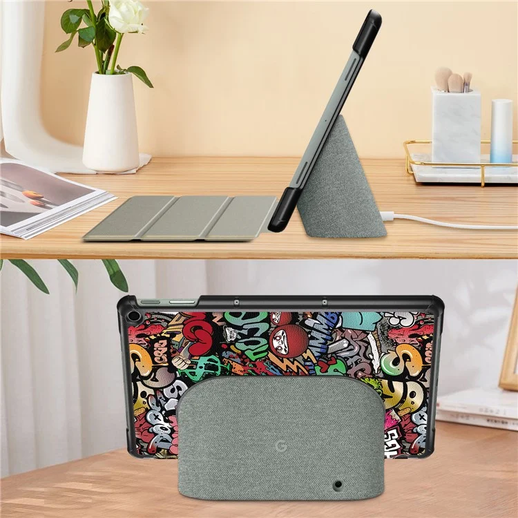 Gemusterte stoßfeste Hülle für Google Pixel Tablet, Klappständer, PU-Leder-Tablet-Cover - Graffiti