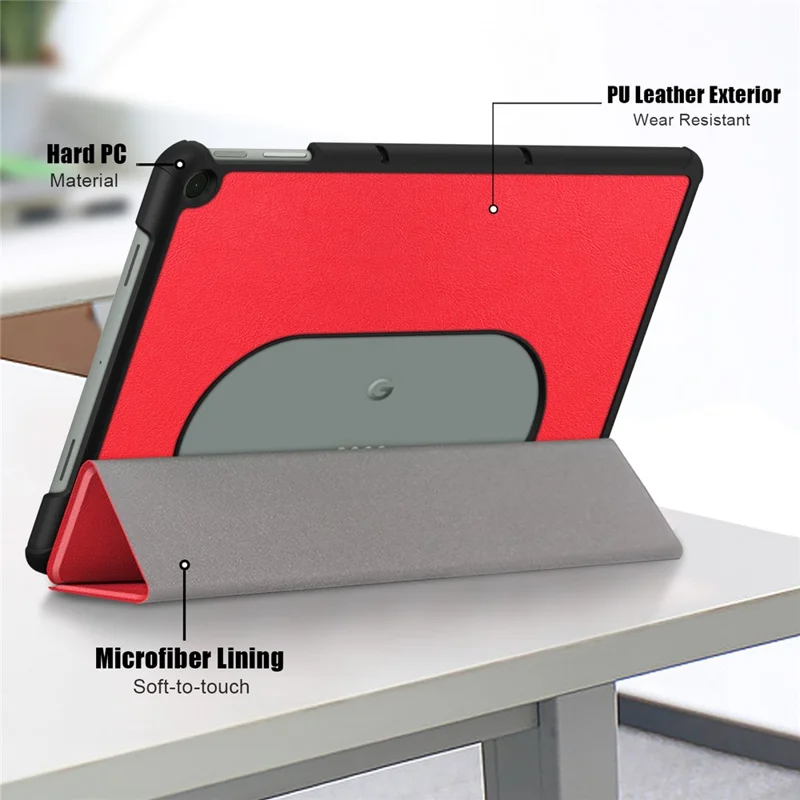 Pure Color Protective Case for Google Pixel Tablet PU Leather Anti-drop Tablet Cover with Case Tri-fold Stand - Red