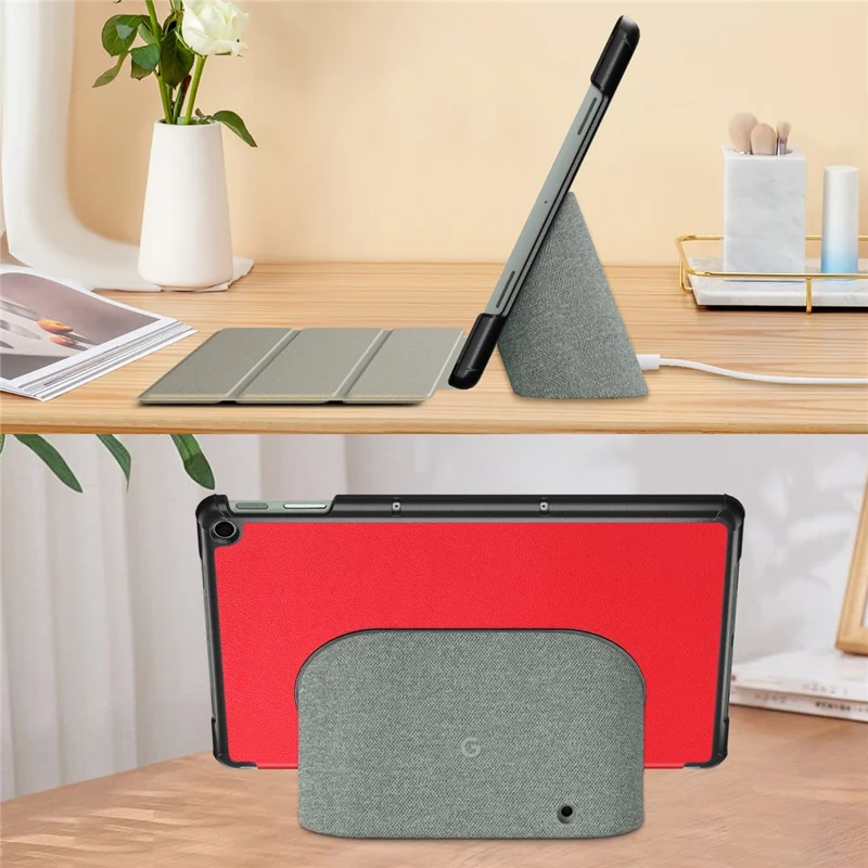 Pure Color Protective Case for Google Pixel Tablet PU Leather Anti-drop Tablet Cover with Case Tri-fold Stand - Red