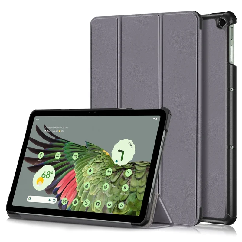 Pure Color Protective Case for Google Pixel Tablet PU Leather Anti-drop Tablet Cover with Case Tri-fold Stand - Grey