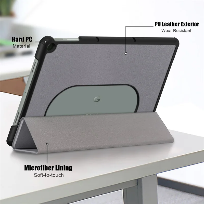 Pure Color Protective Case for Google Pixel Tablet PU Leather Anti-drop Tablet Cover with Case Tri-fold Stand - Grey