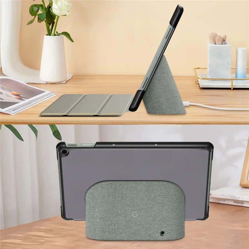 Pure Color Protective Case for Google Pixel Tablet PU Leather Anti-drop Tablet Cover with Case Tri-fold Stand - Grey