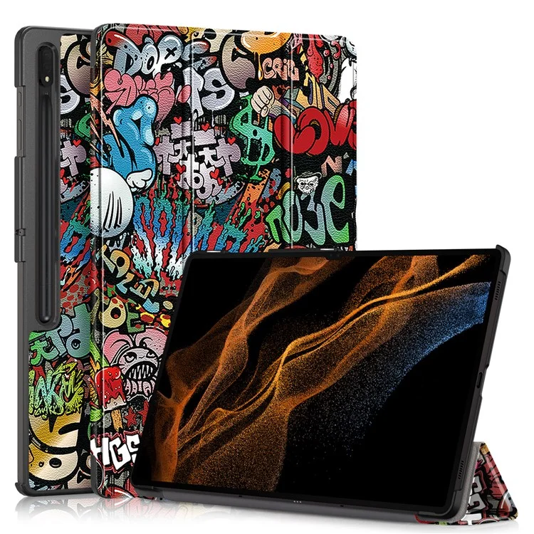 Capa de Couro Tablet para Samsung Galaxy Tab S10 Ultra Wi-Fi SM-X920 SM-X926B / Tab S9 Ultra SM-X910 M-X916B SM-X918, Capa Impressa com Suporte Dobrável em Três Partes - Graffiti