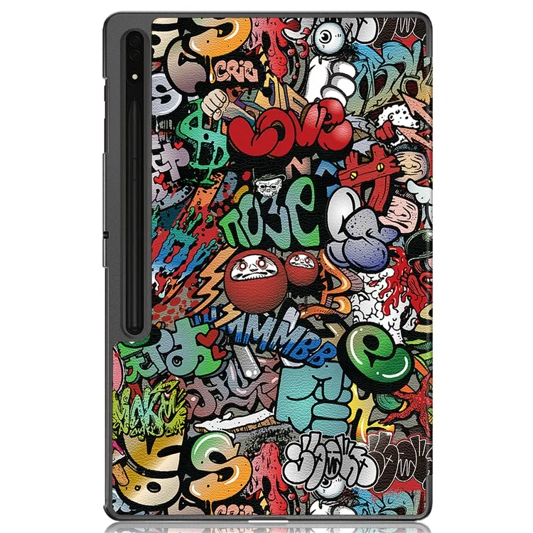 Capa de Couro Tablet para Samsung Galaxy Tab S10 Ultra Wi-Fi SM-X920 SM-X926B / Tab S9 Ultra SM-X910 M-X916B SM-X918, Capa Impressa com Suporte Dobrável em Três Partes - Graffiti