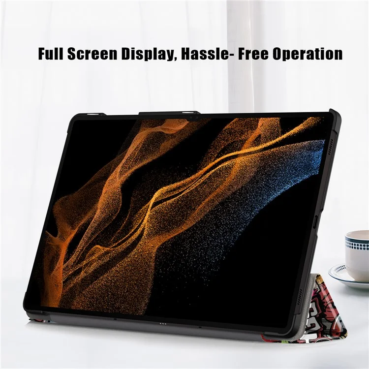 Capa de Couro Tablet para Samsung Galaxy Tab S10 Ultra Wi-Fi SM-X920 SM-X926B / Tab S9 Ultra SM-X910 M-X916B SM-X918, Capa Impressa com Suporte Dobrável em Três Partes - Graffiti