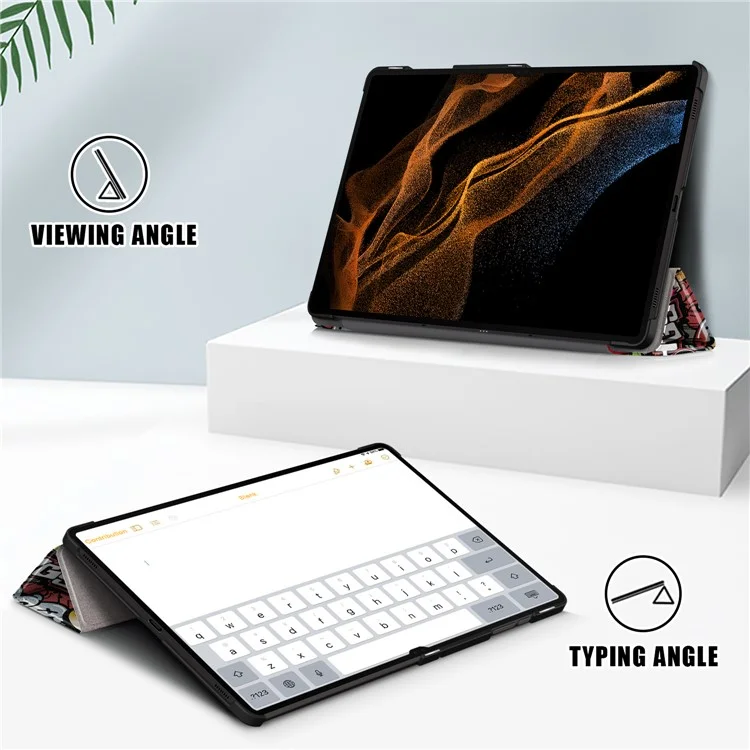 Capa de Couro Tablet para Samsung Galaxy Tab S10 Ultra Wi-Fi SM-X920 SM-X926B / Tab S9 Ultra SM-X910 M-X916B SM-X918, Capa Impressa com Suporte Dobrável em Três Partes - Graffiti