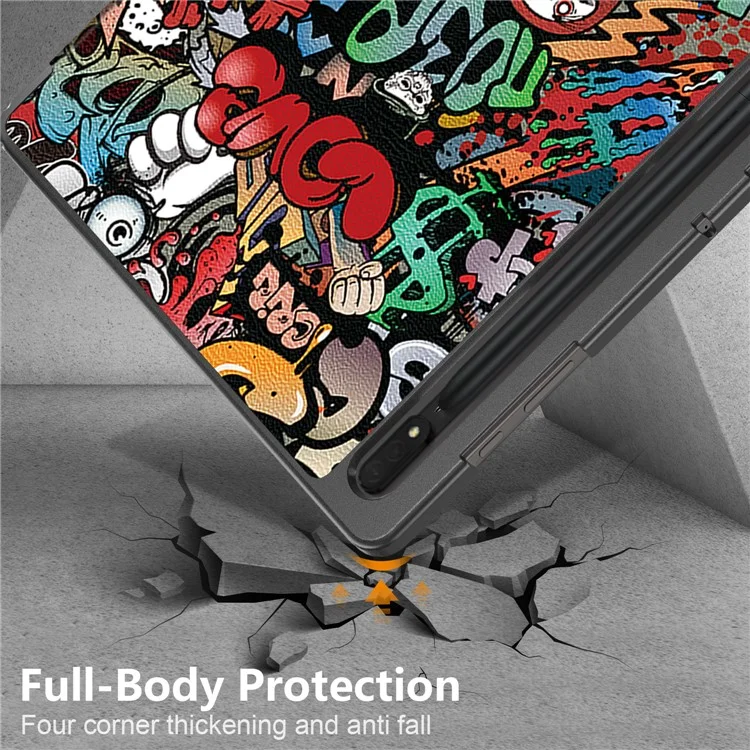 Capa de Couro Tablet para Samsung Galaxy Tab S10 Ultra Wi-Fi SM-X920 SM-X926B / Tab S9 Ultra SM-X910 M-X916B SM-X918, Capa Impressa com Suporte Dobrável em Três Partes - Graffiti