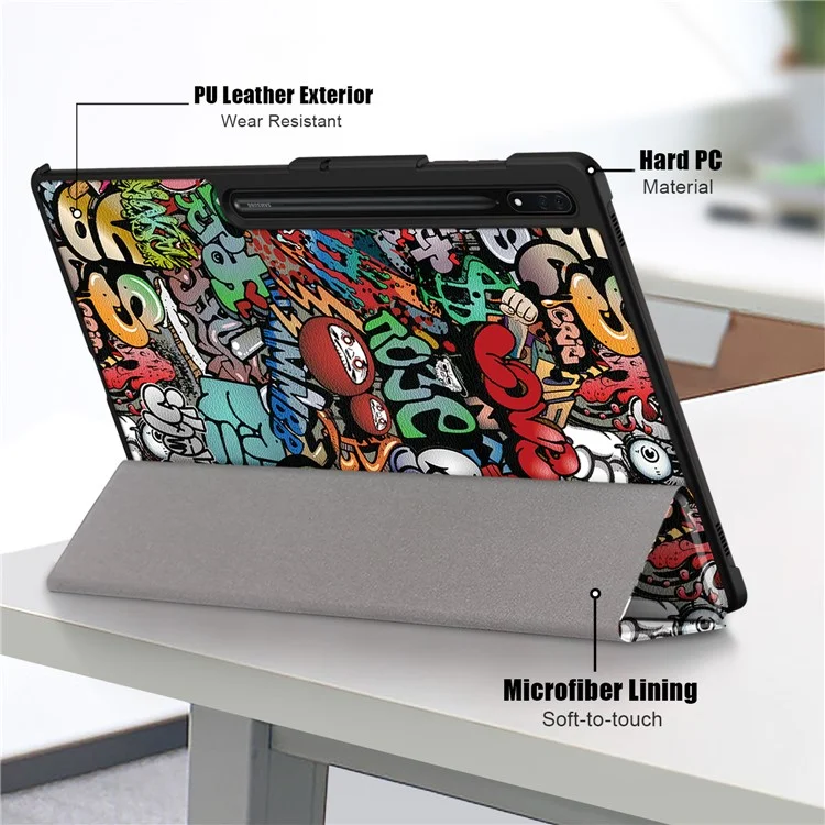 Capa de Couro Tablet para Samsung Galaxy Tab S10 Ultra Wi-Fi SM-X920 SM-X926B / Tab S9 Ultra SM-X910 M-X916B SM-X918, Capa Impressa com Suporte Dobrável em Três Partes - Graffiti