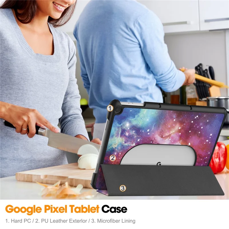 Trifold Stand PU Leather Case for Google Pixel Tablet , Pattern Printing Protective Tablet Cover - Galaxy