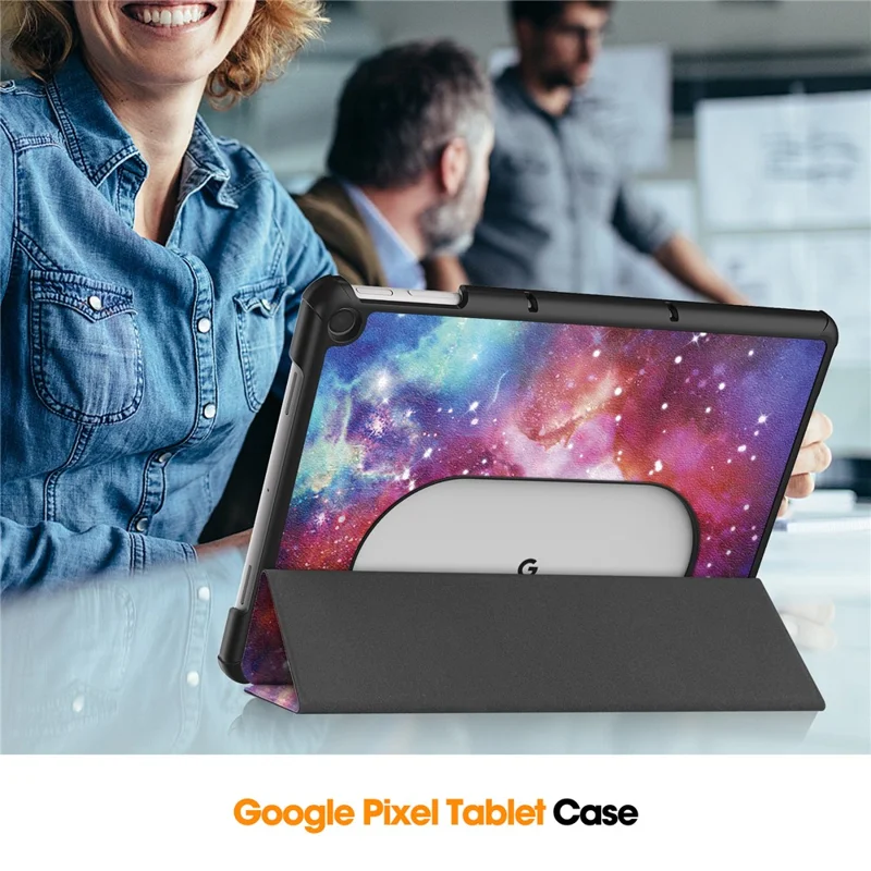 Trifold Stand PU Leather Case for Google Pixel Tablet , Pattern Printing Protective Tablet Cover - Galaxy