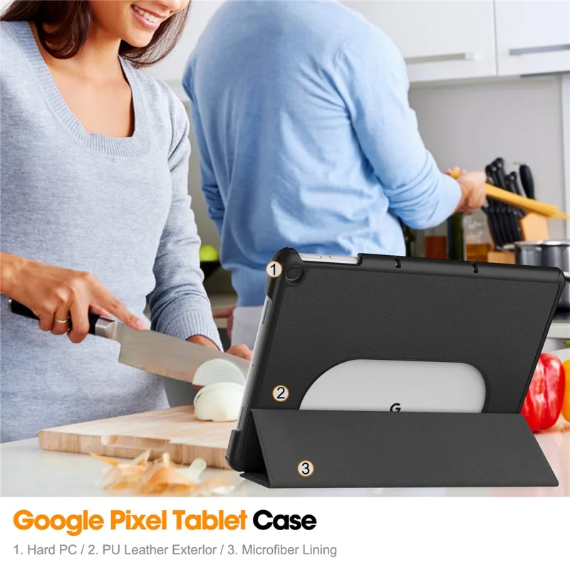 For Google Pixel Tablet Tri-fold Stand Tablet Case PU Leather Anti-drop Tablet Cover - Black