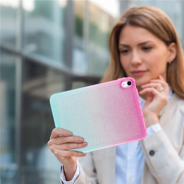 For iPad (2025) / 10.9 (2022) Anti-Drop TPU Case Gradient Glitter Shockproof Tablet Back Cover - Pink / Green