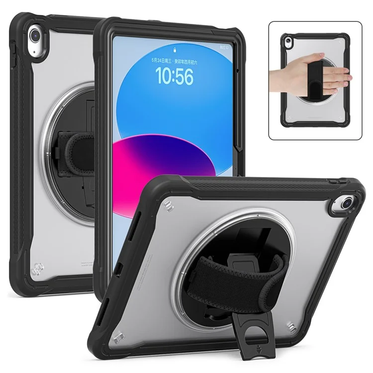 Kickstand Tablet Case für iPad 10.9 (2022) Rotary Hand Strap TPU+PC Tablet Cover - Schwarz