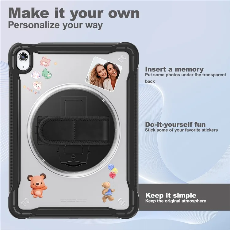 Kickstand Tablet Case für iPad 10.9 (2022) Rotary Hand Strap TPU+PC Tablet Cover - Schwarz