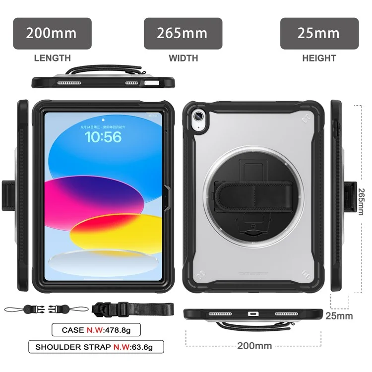 Kickstand Tablet Case für iPad 10.9 (2022) Rotary Hand Strap TPU+PC Tablet Cover - Schwarz