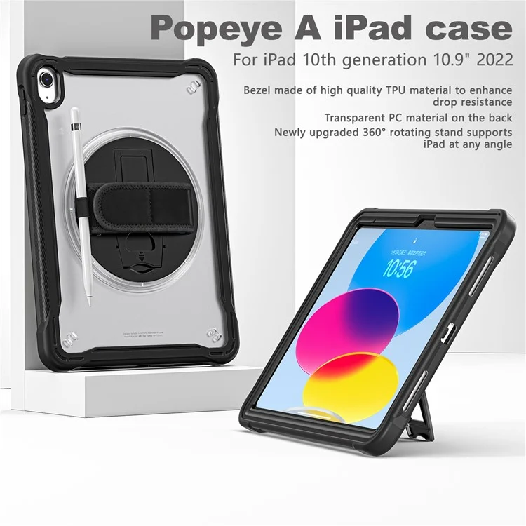 Kickstand Tablet Case für iPad 10.9 (2022) Rotary Hand Strap TPU+PC Tablet Cover - Schwarz