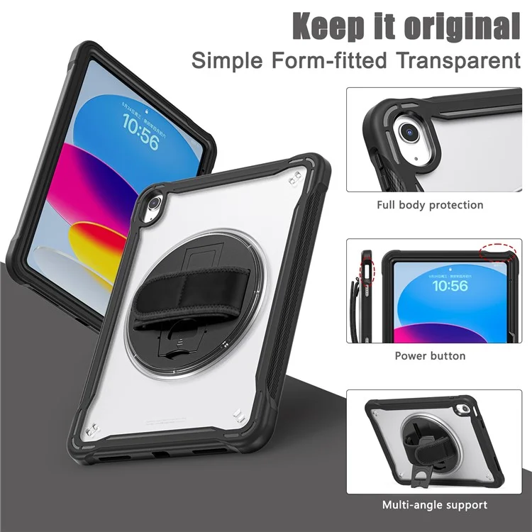 Kickstand Tablet Case für iPad 10.9 (2022) Rotary Hand Strap TPU+PC Tablet Cover - Schwarz