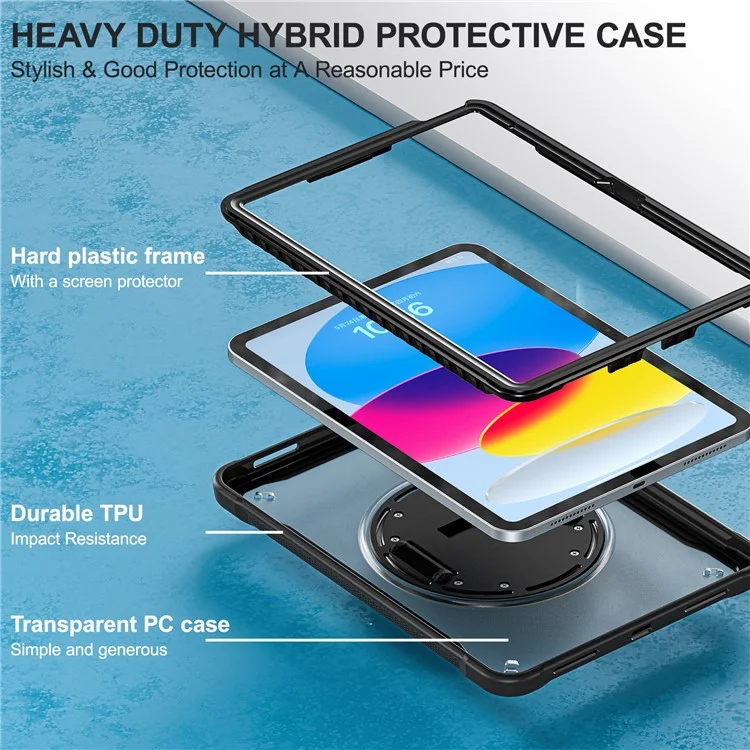 Kickstand Tablet Case für iPad 10.9 (2022) Rotary Hand Strap TPU+PC Tablet Cover - Schwarz