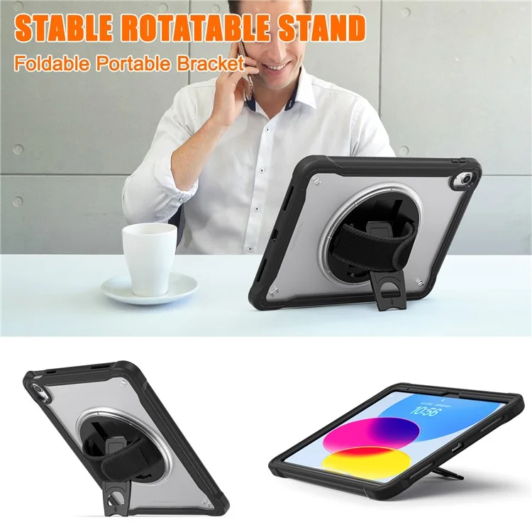 Kickstand Tablet Case für iPad 10.9 (2022) Rotary Hand Strap TPU+PC Tablet Cover - Schwarz