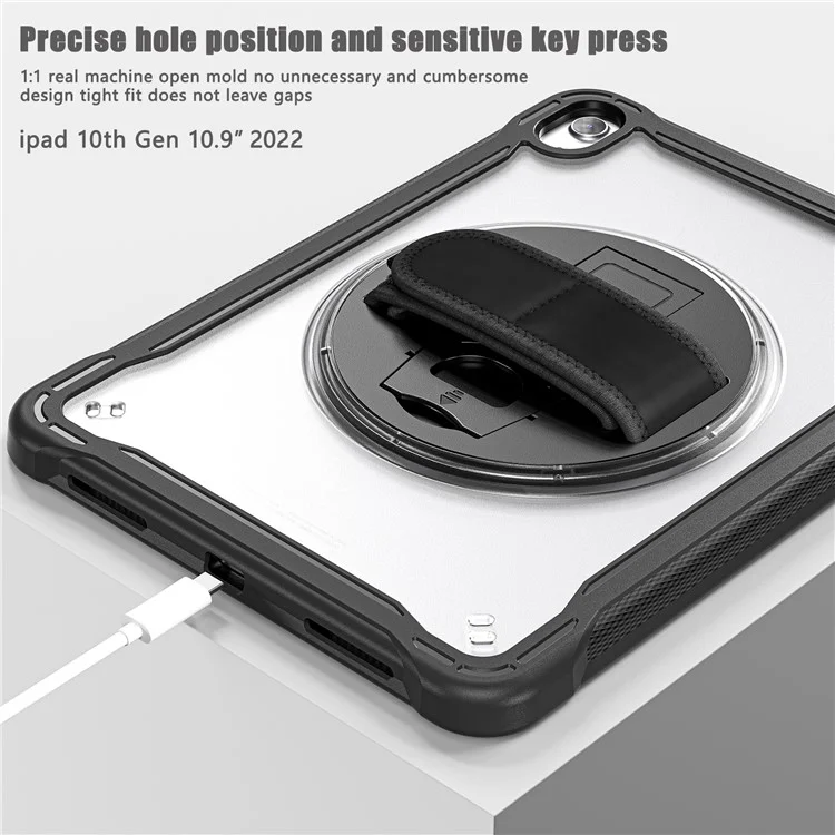 Kickstand Tablet Case für iPad 10.9 (2022) Rotary Hand Strap TPU+PC Tablet Cover - Schwarz