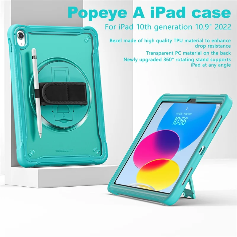 Kickstand Tablet Case for iPad (2025) / 10.9 (2022) Rotary Hand Strap TPU+PC Tablet Cover - Baby Blue