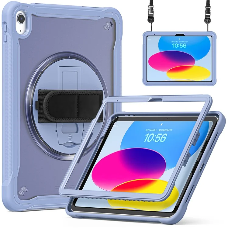 For iPad (2025) / 10.9 (2022) 360-Degree Swivel Kickstand PC+TPU Cover Hand Strap Design Tablet Case with Shoulder Strap - Lavender Gray