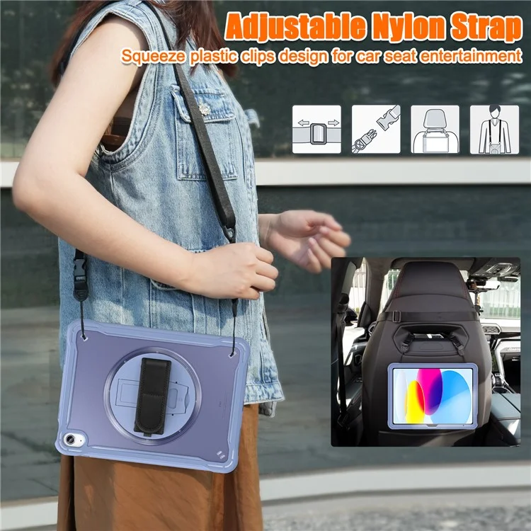 For iPad (2025) / 10.9 (2022) 360-Degree Swivel Kickstand PC+TPU Cover Hand Strap Design Tablet Case with Shoulder Strap - Lavender Gray