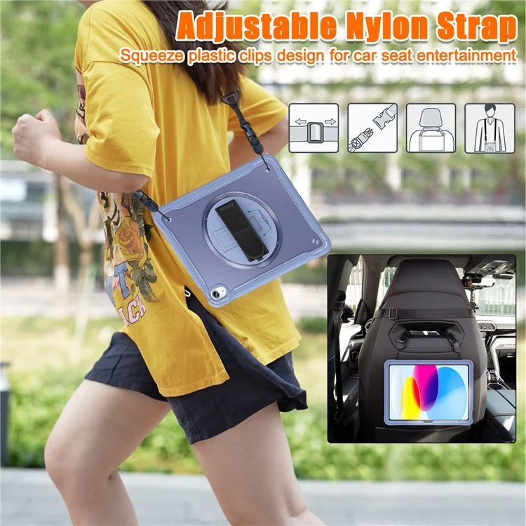 For iPad (2025) / 10.9 (2022) 360-Degree Swivel Kickstand PC+TPU Cover Hand Strap Design Tablet Case with Shoulder Strap - Lavender Gray