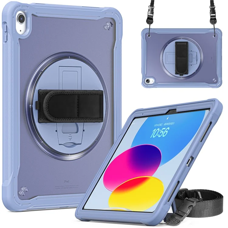 For iPad (2025) / 10.9 (2022) 360-Degree Swivel Kickstand PC+TPU Cover Hand Strap Design Tablet Case with Shoulder Strap - Lavender Gray