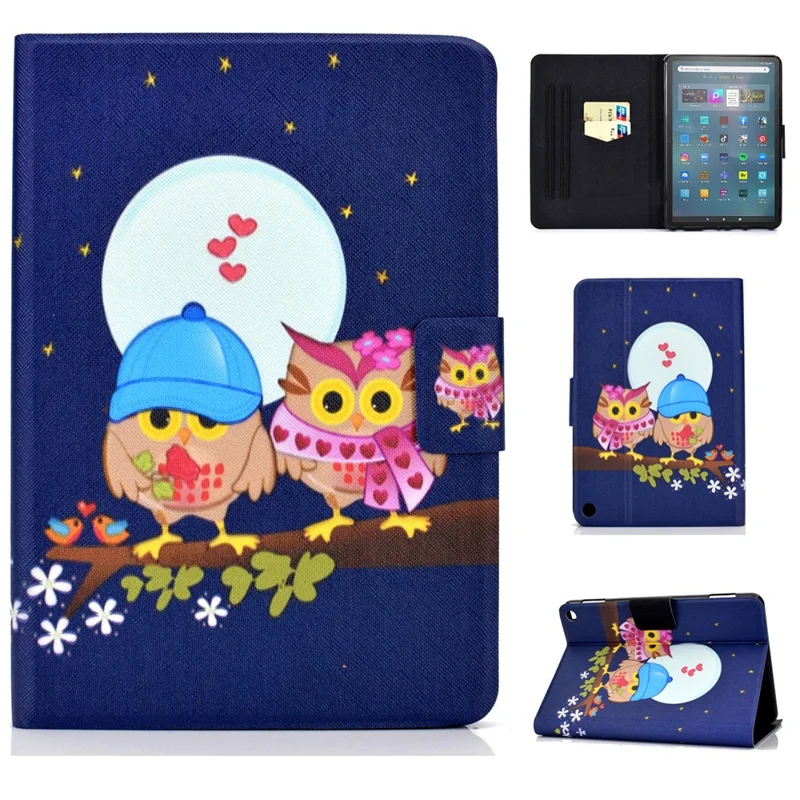 Protective Case for Amazon Fire Max 11 Pattern Printing PU Leather Tablet Cover with Stand Card Holder - Couple Owls